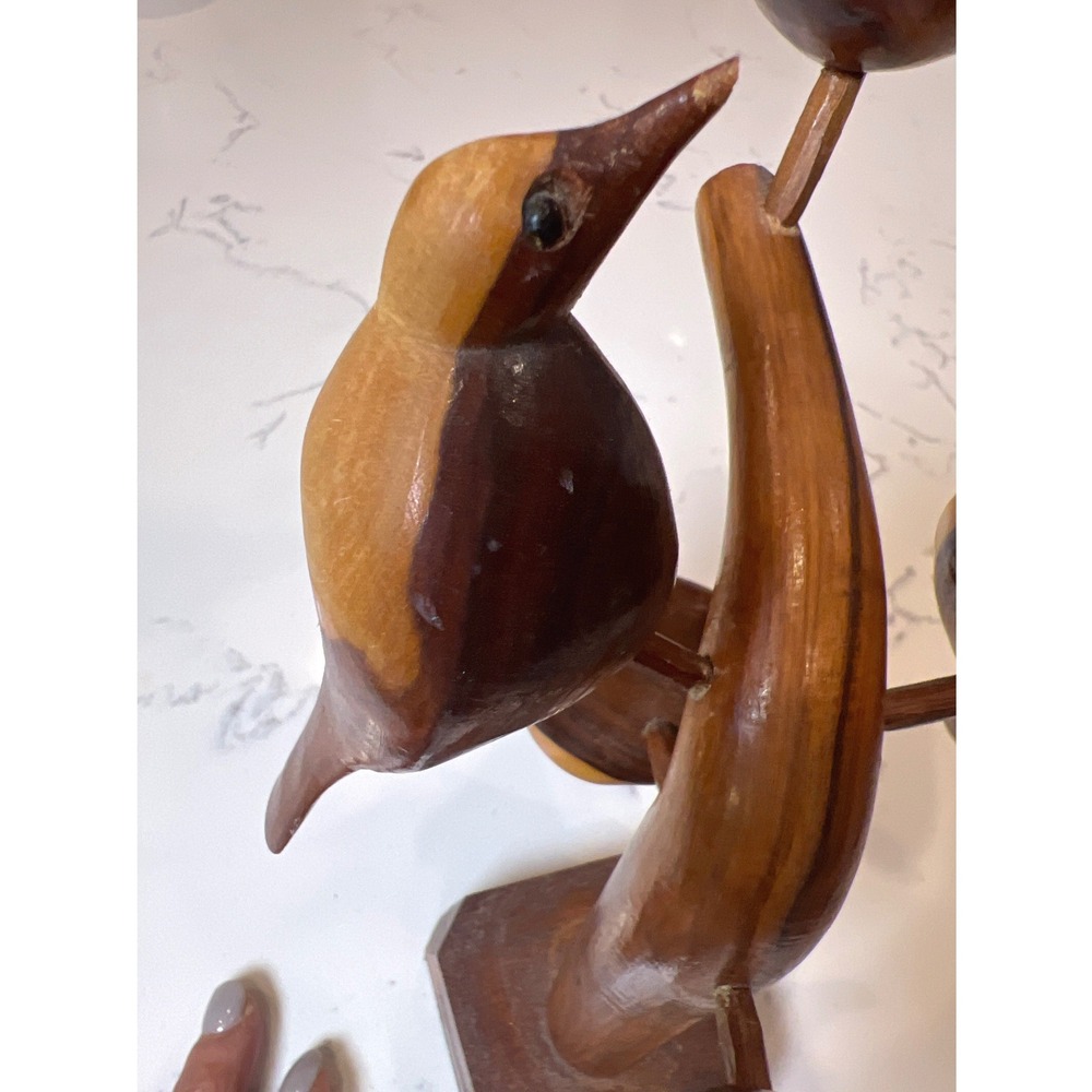 Vintage Hand Carved Wood Bird Tree Sculpture 5 Birds on Branch Folk Art MCM - Picture 4 of 12